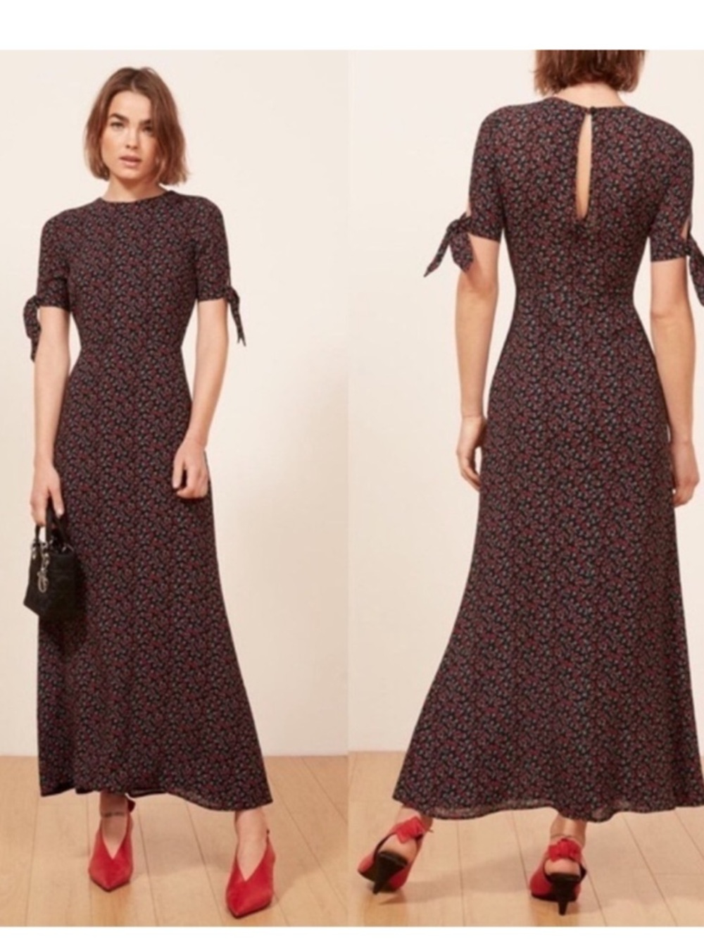 Reformation Amsterdam Black Floral Midi Dress with Tie Sleeves
